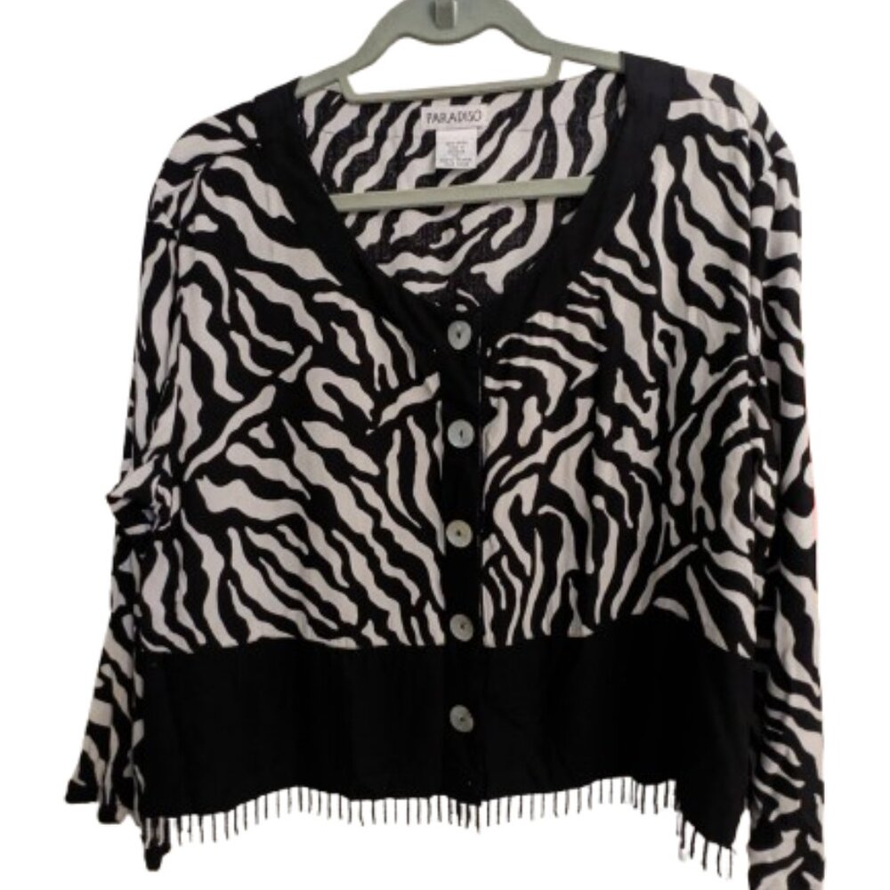 Vintage Zebra Print Blouse/Cover Up/Jacket with Beaded Fringe